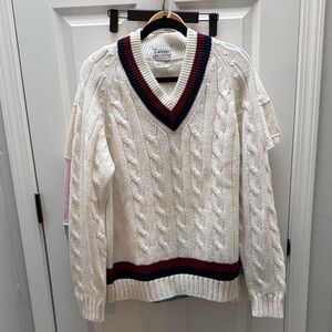 VINTAGE LACOSTE Men's White V-Neck Cable Knot Sweater / Tennis Prep Sweater XL